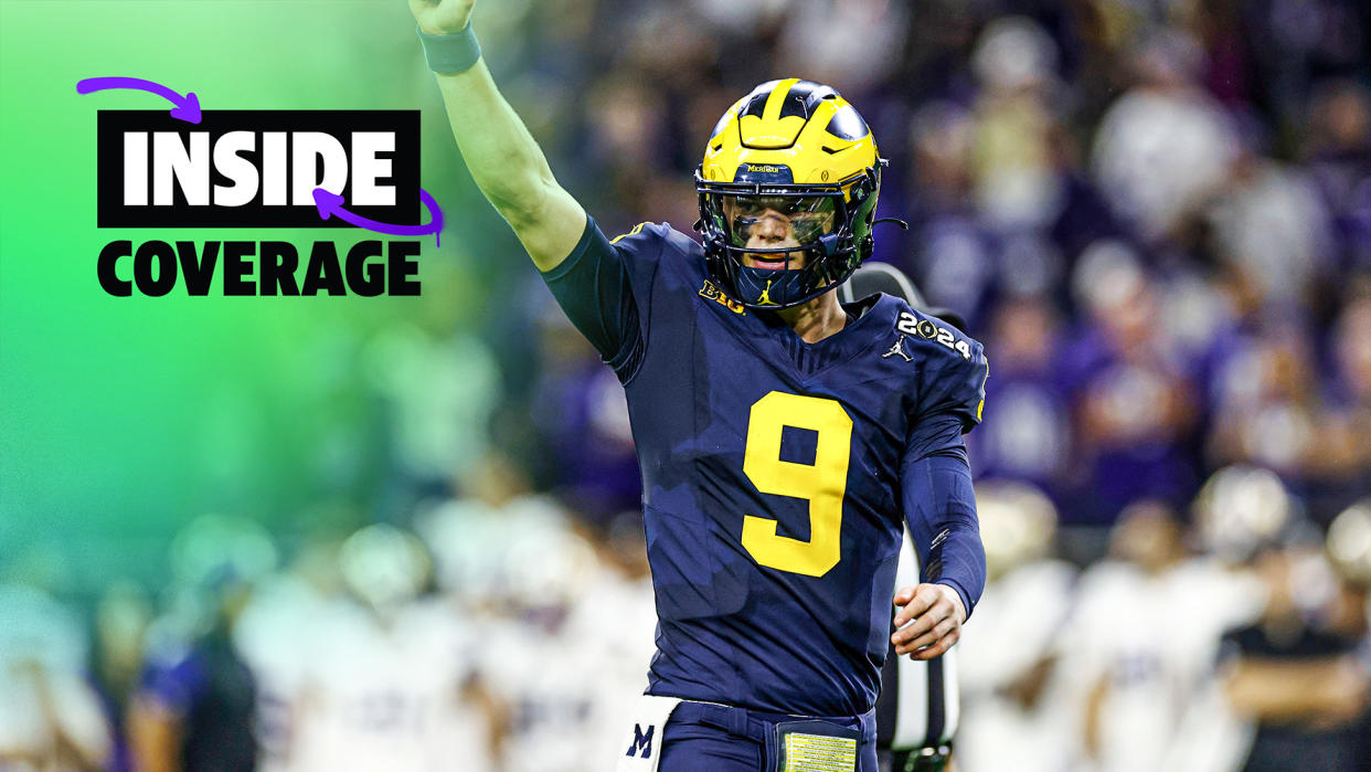 HOUSTON, TX - JANUARY 08: Michigan Wolverines quarterback J.J. McCarthy (9) celebrates after a touchdown during the CFP National Championship against the Washington Huskies on January 08, 2024 at NRG Stadium in Houston, Texas. (Photo by Joe Robbins/Icon Sportswire via Getty Images)