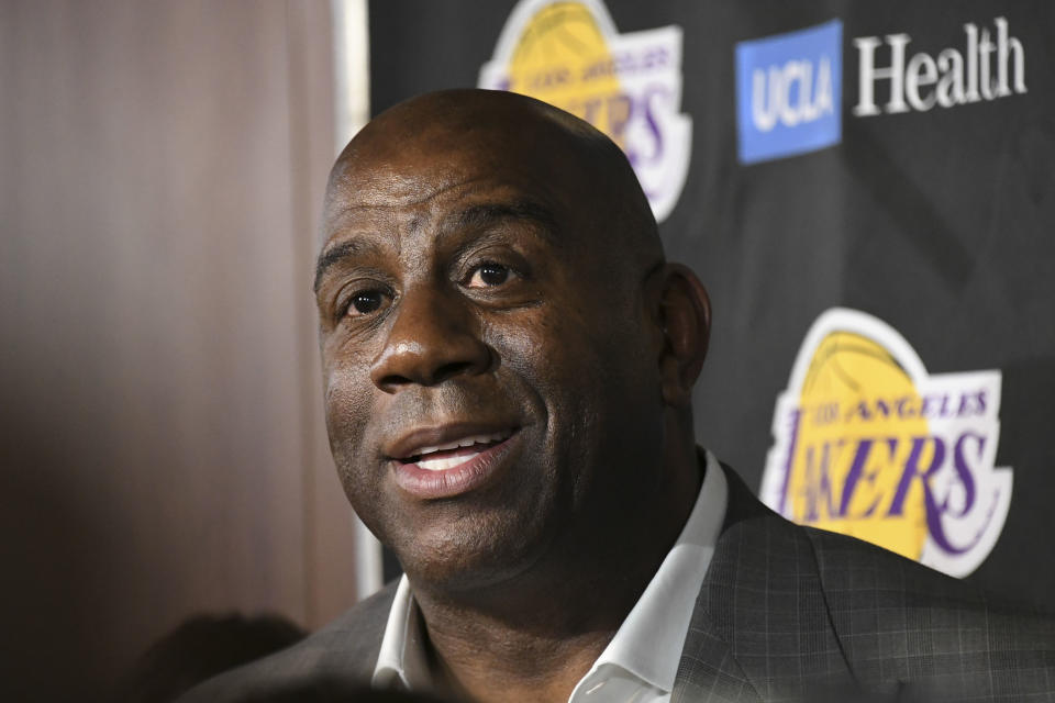 Apr 9, 2019; Los Angeles, CA, USA; Los Angeles Lakers president of basketball operations Magic Johnson speaks to the media before the game against the Portland Trail Blazers at Staples Center. Mandatory Credit: Richard Mackson-USA TODAY Sports