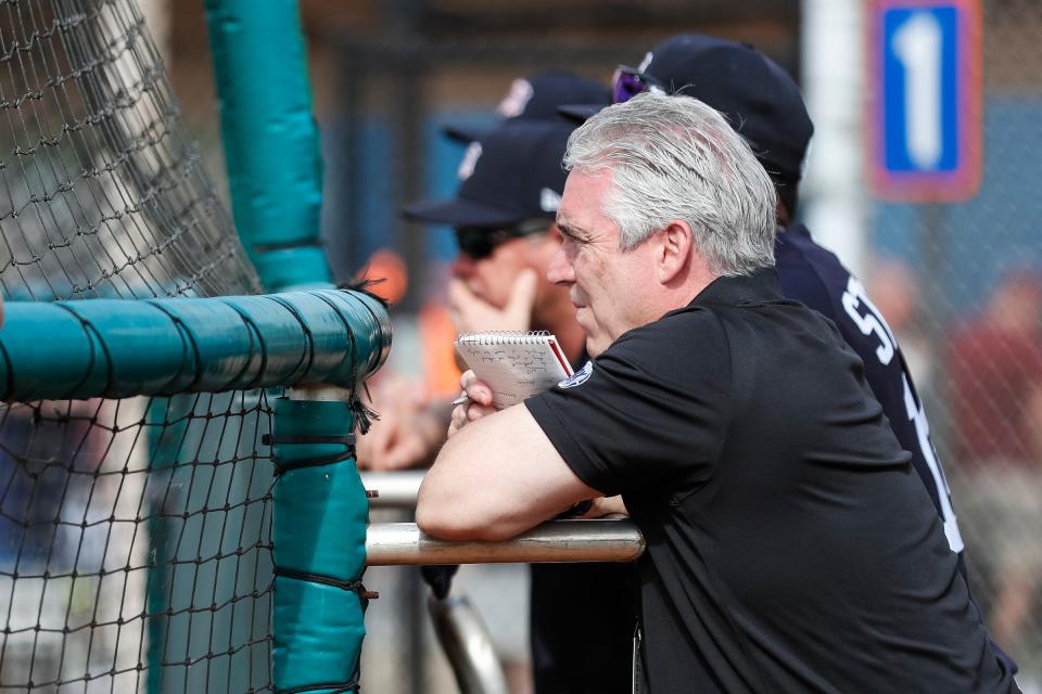 Play-by-play announcer Matt Shepard watches batting practice during Detroit Tigers spring training at TigerTown in Lakeland, Fla., Wednesday, Feb. 19, 2020.