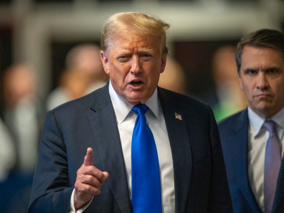 Donald Trump speaks outside the Manhattan Criminal Court after his conviction.