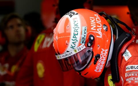 The name of three-time Formula One world champion Niki Lauda is written on the helmet of Ferrari driver Sebastian Vettel of Germany during the second practice session at the Monaco racetrack, in Monaco, Thursday, May 23, 2019. Three-time Formula One world champion Niki Lauda, who won two of his titles after a horrific crash that left him with serious burns and went on to become a prominent figure in the aviation industry, has died on May 21, 2019 - Credit: AP/Luca Bruno