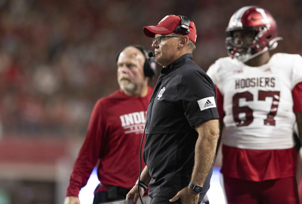 Indiana coach Tom Allen watches from the sideline as officials review a play during the second half of the team's NCAA college football game against Nebraska on Saturday, Oct. 1, 2022, in Lincoln, Neb. (AP Photo/Rebecca S. Gratz)