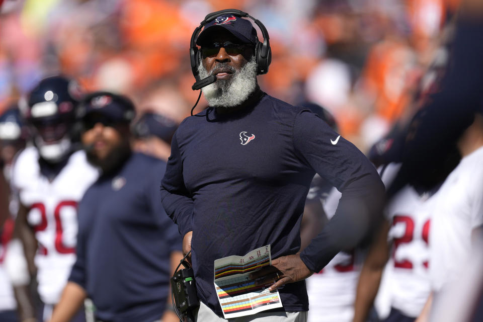 Houston Texans head coach Lovie Smith watches during the first half of an NFL football game against the Denver Broncos, Sunday, Sept. 18, 2022, in Denver. (AP Photo/David Zalubowski)