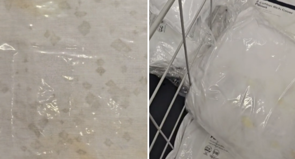 Screenshots of footage showing Kmart Anko pillows stained with yellow and black coloured substances.