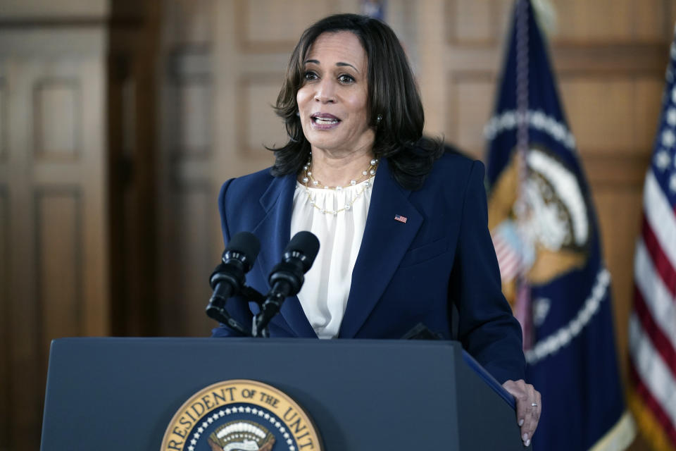 Vice President Kamala Harris speaks after meeting with leaders from Georgia's Asian-American and Pacific Islander community, Friday, March 19, 2021, at Emory University in Atlanta. (AP Photo/Patrick Semansky)