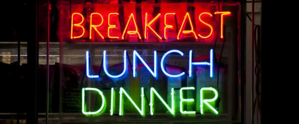 Neon sign in a restaurant window, New York City