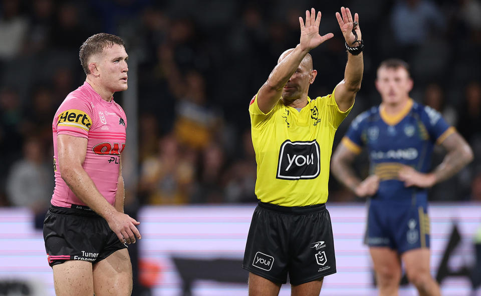 Ashley Klein, pictured here sending Mitch Kenny to the sin-bin during Penrith's clash with Parramatta.