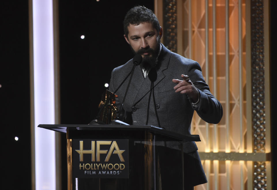 Shia LaBeouf accepts the Hollywood breakthrough screenwriter award for "Honey Boy" at the 23rd annual Hollywood Film Awards on Sunday, Nov. 3, 2019, at the Beverly Hilton Hotel in Beverly Hills, Calif. (Photo by Chris Pizzello/Invision/AP)
