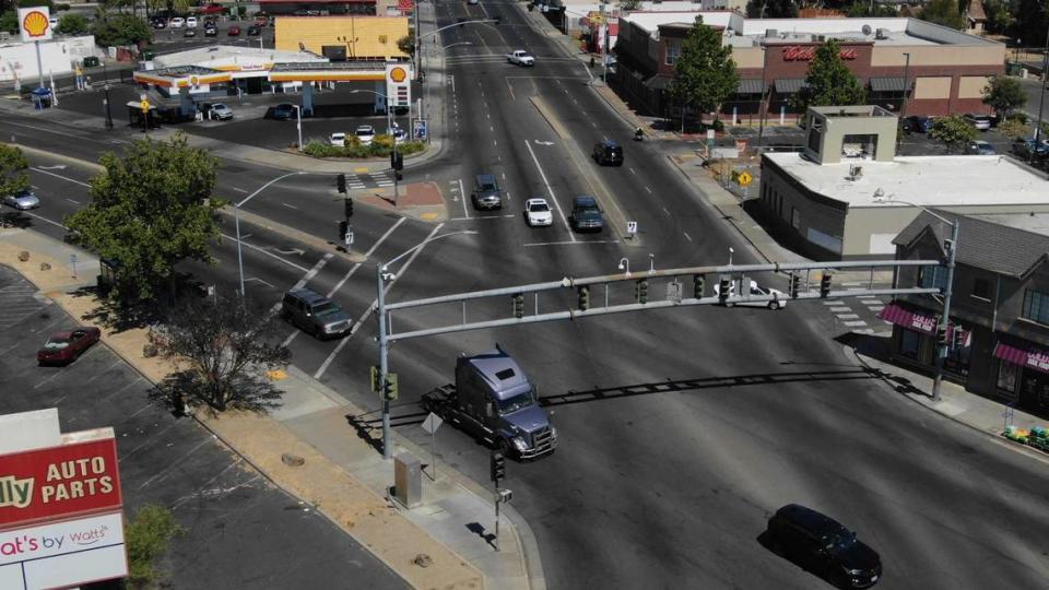 The intersection of Del Paso Boulevard and El Camino Avenue in North Sacramento. A taco festival planned for the area on Sunday, May 21, 2023, has been postponed several days after a shooting injured two children and two adults.