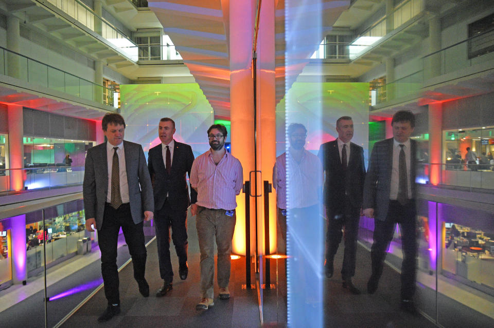 Plaid Cymru leader Adam Price (centre) walks with Benjamin de Pear, editor of Channel 4 News (left), as he arrives for Channel 4 News' General Election climate debate at ITN Studios in Holborn, central London.