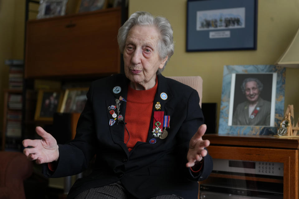 Marie Scott who was a serving Wren and switchboard operator at the time of D-Day, at her home in London, Thursday, April 25, 2024. D-Day, took place on June 6, 1944, the invasion of the beaches at Normandy in France by Alied forces during World War II. (AP Photo/Kirsty Wigglesworth)