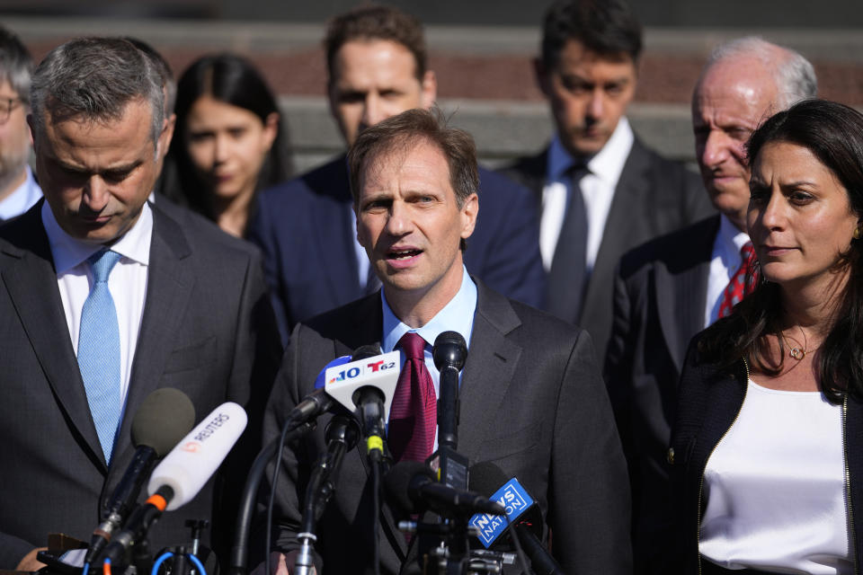 FILE - Attorney Justin Nelson, representing Dominion Voting Systems, speaks at a news conference outside New Castle County Courthouse in Wilmington, Del., after the defamation lawsuit by Dominion Voting Systems against Fox News was settled just as the jury trial was set to begin, Tuesday, April 18, 2023. (AP Photo/Julio Cortez, File)