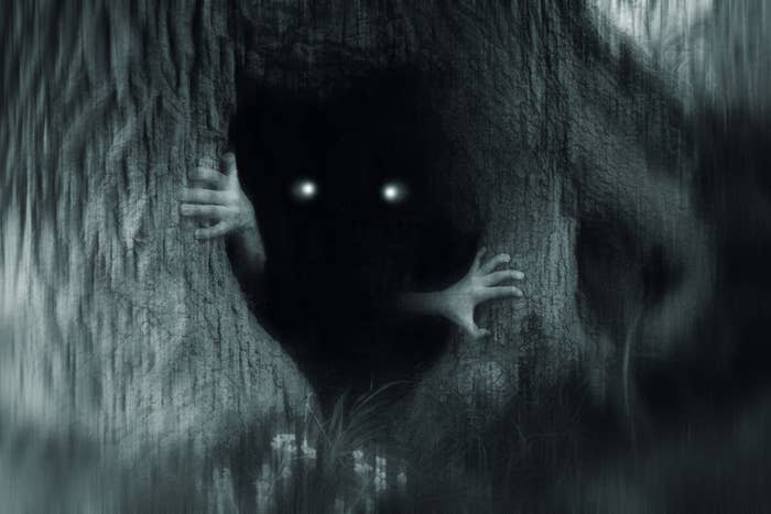 A dark, shadowy figure with glowing eyes peers out from a hole in a tree, with its hands gripping the tree's edges in a spooky, eerie forest setting