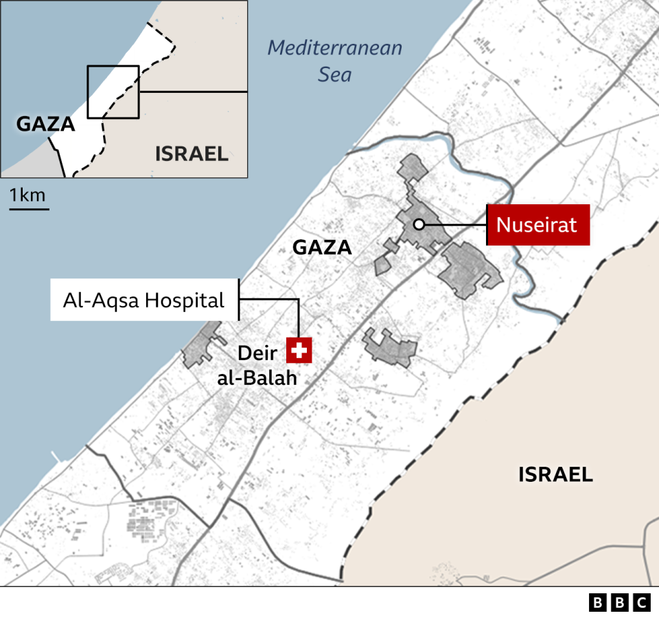 Map showing central Gaza where the four hostages were released after an Israeli operation