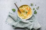 <p>For days when you want nothing more than to curl up on the couch with a blanket and a bowl, chicken noodle is the soup to make. This <a href="https://www.thedailymeal.com/cook/forgotten-childhood-dinners?referrer=yahoo&category=beauty_food&include_utm=1&utm_medium=referral&utm_source=yahoo&utm_campaign=feed" rel="nofollow noopener" target="_blank" data-ylk="slk:nostalgic dish;elm:context_link;itc:0;sec:content-canvas" class="link ">nostalgic dish</a> never gets old and this version with tender chicken and fresh vegetables even freezes well. </p> <p><a href="https://www.thedailymeal.com/best-recipes/homemade-chicken-noodle-soup-recipe?referrer=yahoo&category=beauty_food&include_utm=1&utm_medium=referral&utm_source=yahoo&utm_campaign=feed" rel="nofollow noopener" target="_blank" data-ylk="slk:For the Chicken Noodle Soup recipe, click here.;elm:context_link;itc:0;sec:content-canvas" class="link ">For the Chicken Noodle Soup recipe, click here. </a> </p>