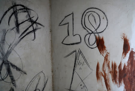 Blood is seen on a wall next to Barrio-18 graffiti in a so-called Crazy House in San Pedro Sula, Honduras, September 27, 2018. REUTERS/Goran Tomasevic