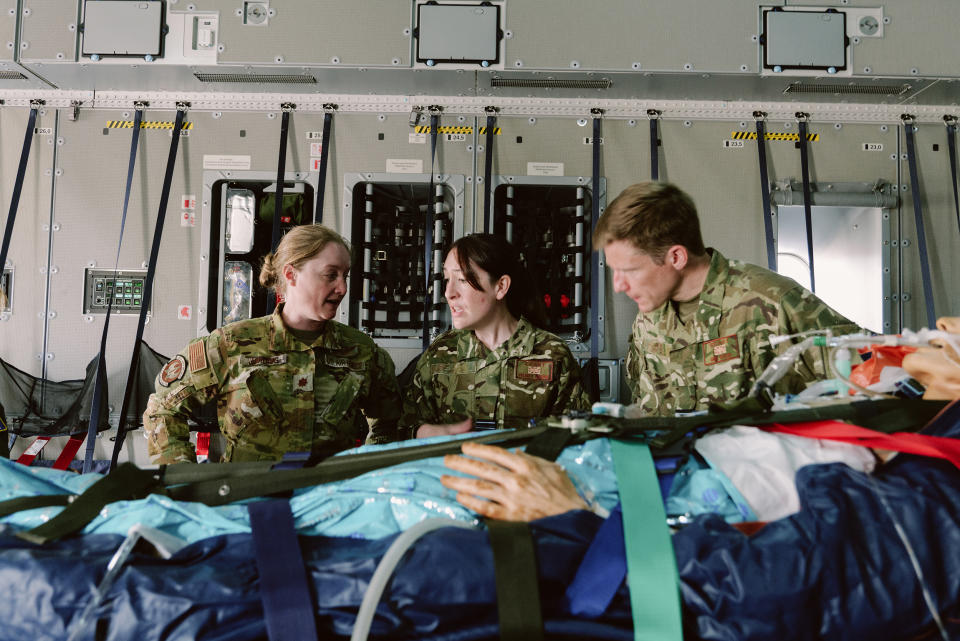 Airmen from the U.S. and its allies practice medical evacuations on an Airbus A400M at Hickam Air Force Base in Honolulu on July 9, 2023. (Josiah Patterson for NBC News)