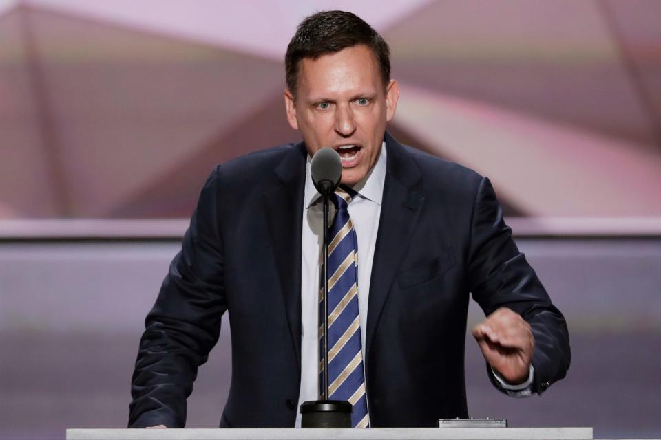 Entrepreneur Peter Thiel speaks during the final day of the 2016 Republican National Convention in Cleveland.