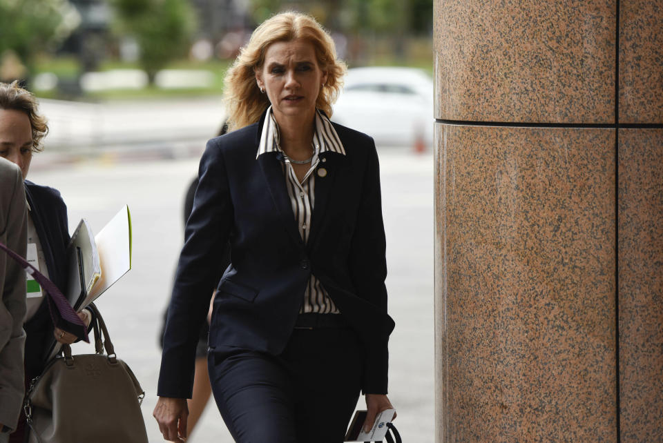 Germany's Latin America and the Caribbean Director Marian Schuegraf arrives for the inaugural meeting of the International Contact Group on Venezuela, in Montevideo, Uruguay, Thursday, Feb. 7, 2019. (AP Photo/Matilde Campodonico)