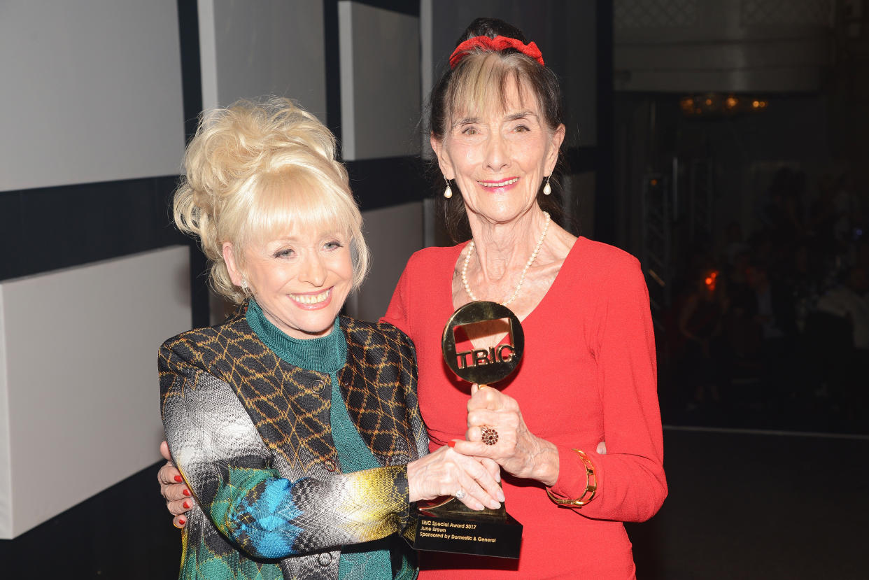 Barbara Windsor and June Brown pose at the TRIC Awards 2017 at The Grosvenor House Hotel on March 14, 2017 in London, England.  (Photo by Dave J Hogan/Getty Images)