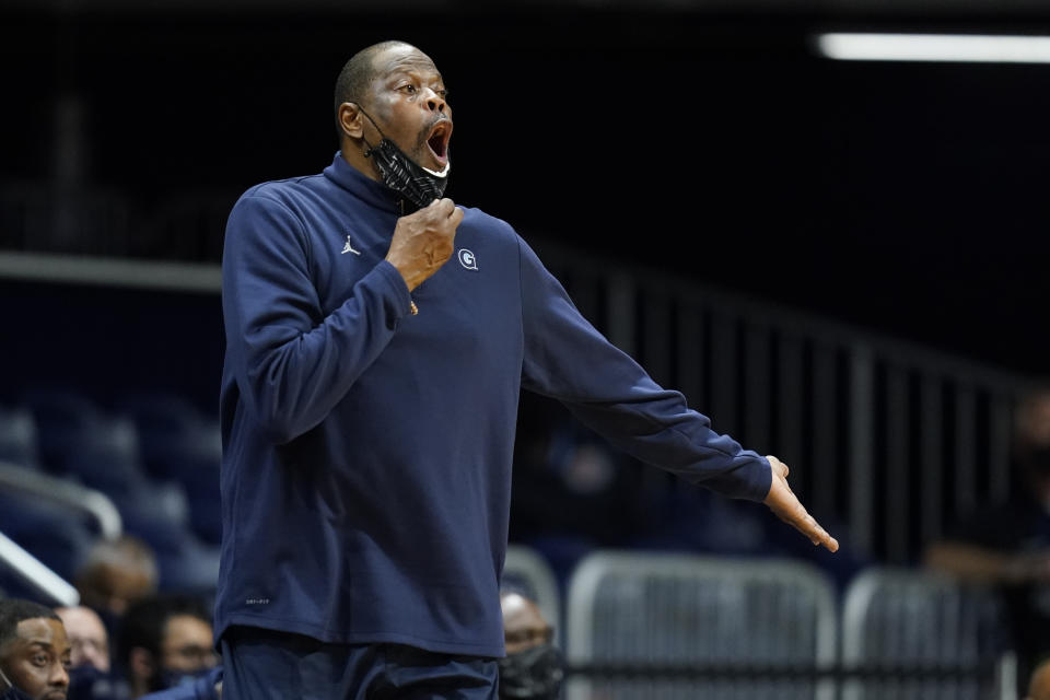 Georgetown head coach Patrick Ewing shouts during the second half of an NCAA college basketball game against Butler, Wednesday, Jan. 6, 2021, in Indianapolis. Butler won 63-55. (AP Photo/Darron Cummings)