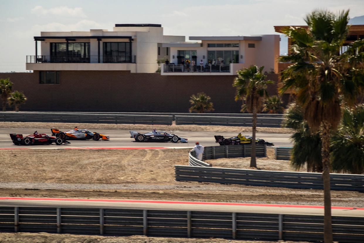 Colton Herta of Andretti Global w/ Curb-Agajanian takes advantage of a near-crash to get ahead of Josef Newgarden (2) Alexander Rossi (7) and Christian Lundgaard (45) during the feature race of the $1 Million Challenge at The Thermal Club in Thermal, Calif., Sunday, March 24, 2024.