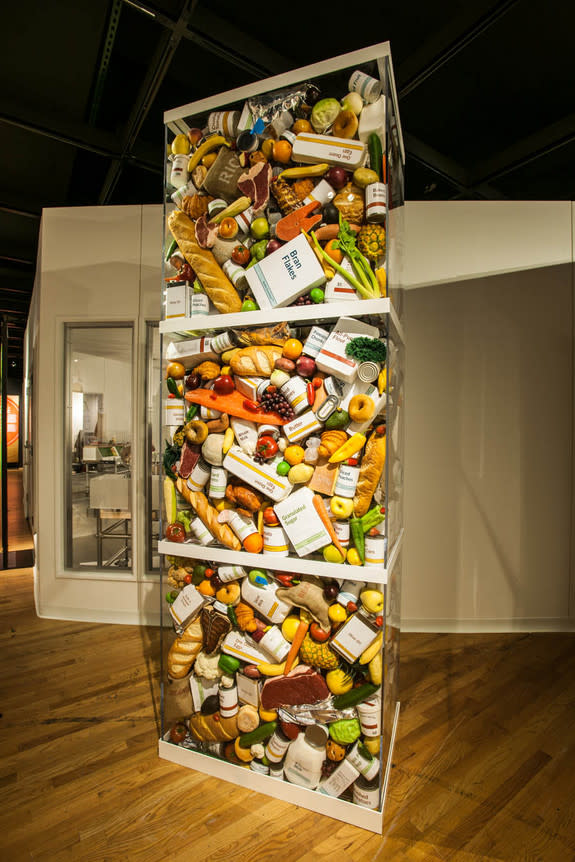 About 414 pounds (188 kg) of food is discarded for each person in the United States each year at home, in stores, and in restaurants. That’s 1,656 pounds (751 kg) for a family of four — the amount in this sculpture.