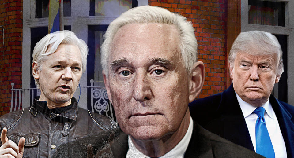 Julian Assange, Roger Stone, Donald Trump (Photo illustration: Yahoo News; photos: Brendan McDermid/Reuters, AP (2), Frank Augstein/AP)