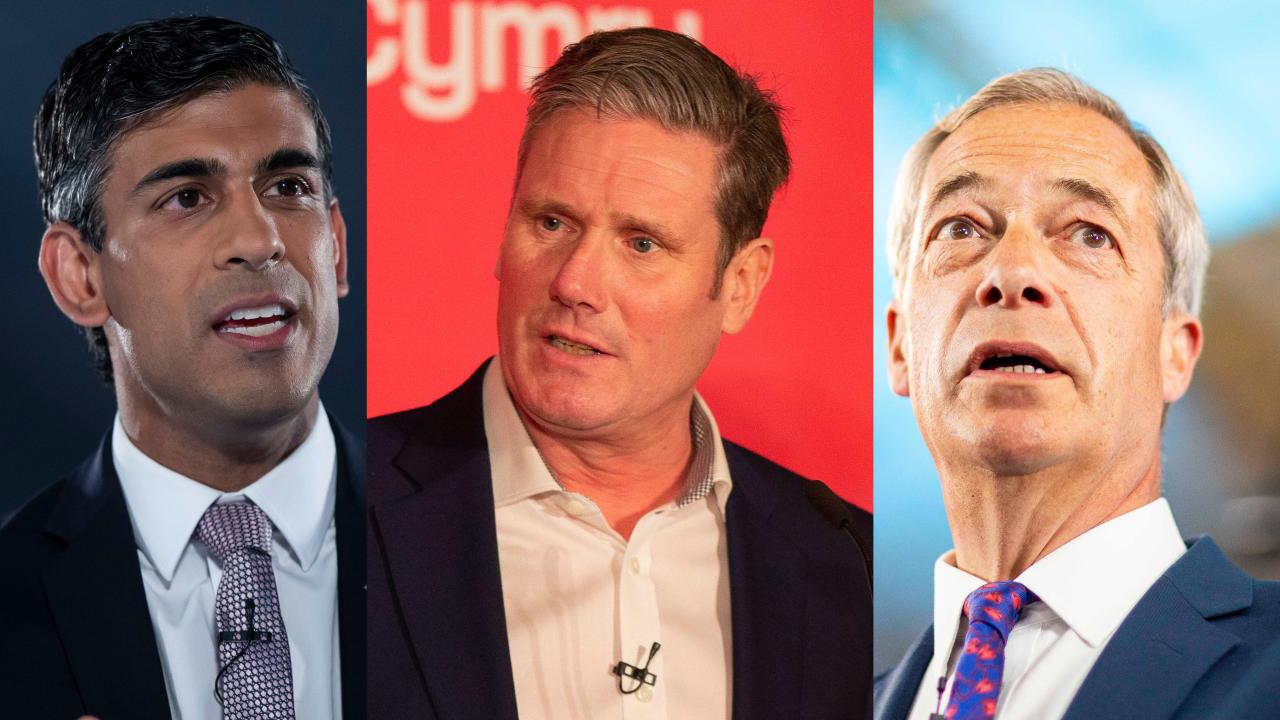 A montage image of UK politicians Rishi Sunak, Sir Keir Starmer, and Nigel Farage.