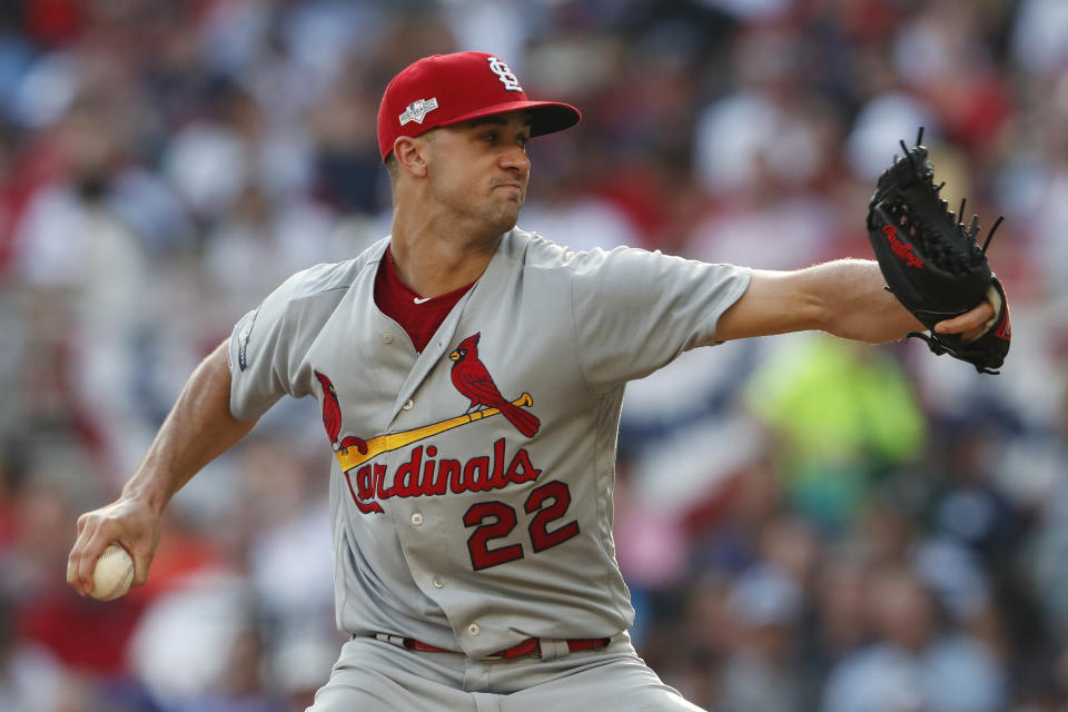 St. Louis Cardinals starting pitcher Jack Flaherty (22) in the fifth inning works during Game 2 of a best-of-five National League Division Series against the Atlanta Braves, Friday, Oct. 4, 2019, in Atlanta. (AP Photo/John Bazemore)