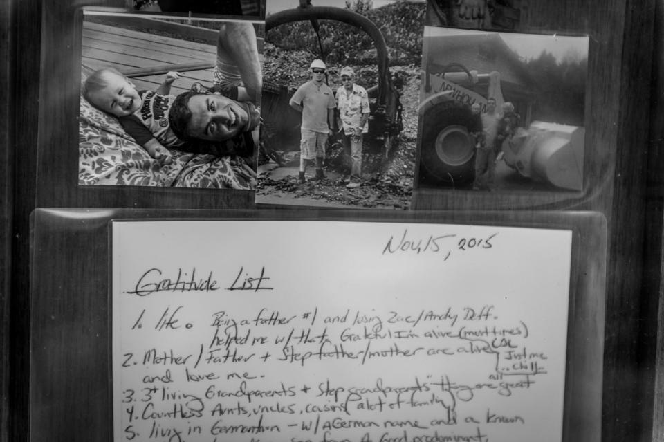 <p>The day that Daniel Weidle’s Vivitrol prescription ran out, he wrote this gratitude list: “Grateful Im alive,” reads the first bullet. (Photograph by Mary F. Calvert for Yahoo News) </p>