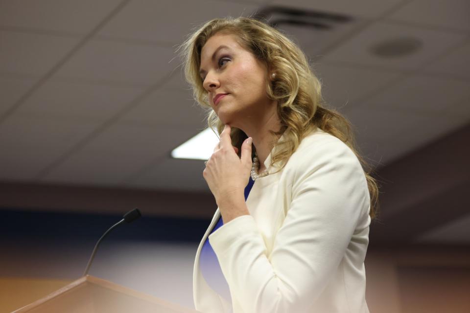 ATLANTA, GA - FEBRUARY 15: Attorney Ashleigh Merchant, representing defendant Michael Roman, speaks during a hearing in the case of the State of Georgia v. Donald John Trump at the Fulton County Courthouse on February 15, 2024 in Atlanta, Georgia. Judge Scott McAfee is hearing testimony as to whether DA Fanni Willis and Special Prosecutor Nathan Wade should be disqualified from the case for allegedly lying about a personal relationship. (Photo by Alyssa Pointer-Pool/Getty Images)