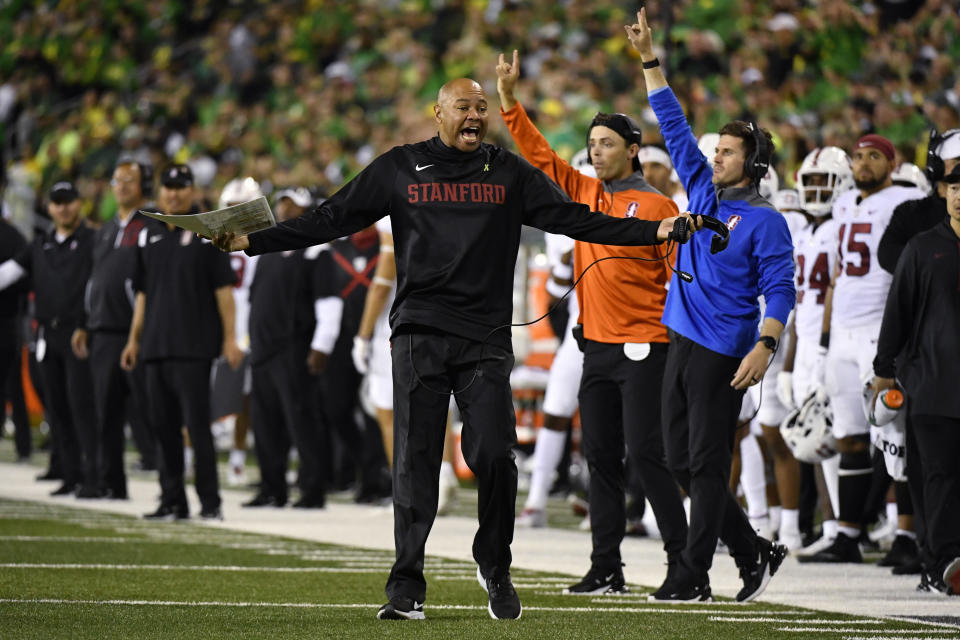 Stanford head coach David Shaw complains to the referees about a call while playing Oregon during the second half of an NCAA college football game Saturday, Oct. 1, 2022, in Eugene, Ore. (AP Photo/Andy Nelson)