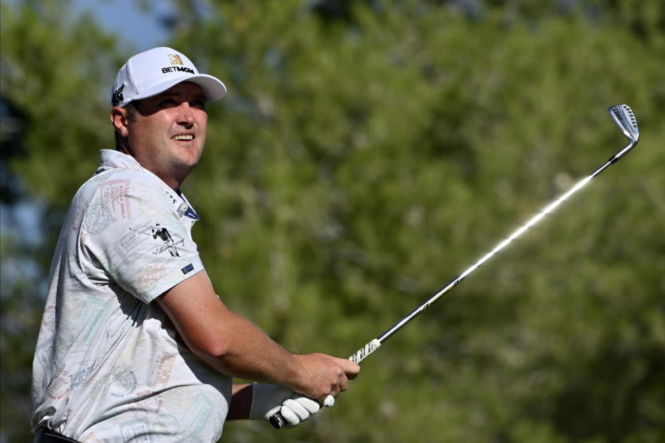 Jason Kokrak tees off during the final round of the CJ Cup golf tournament at Shadow Creek Golf Course Sunday, Oct. 18, 2020, in North Las Vegas. (AP Photo/David Becker)