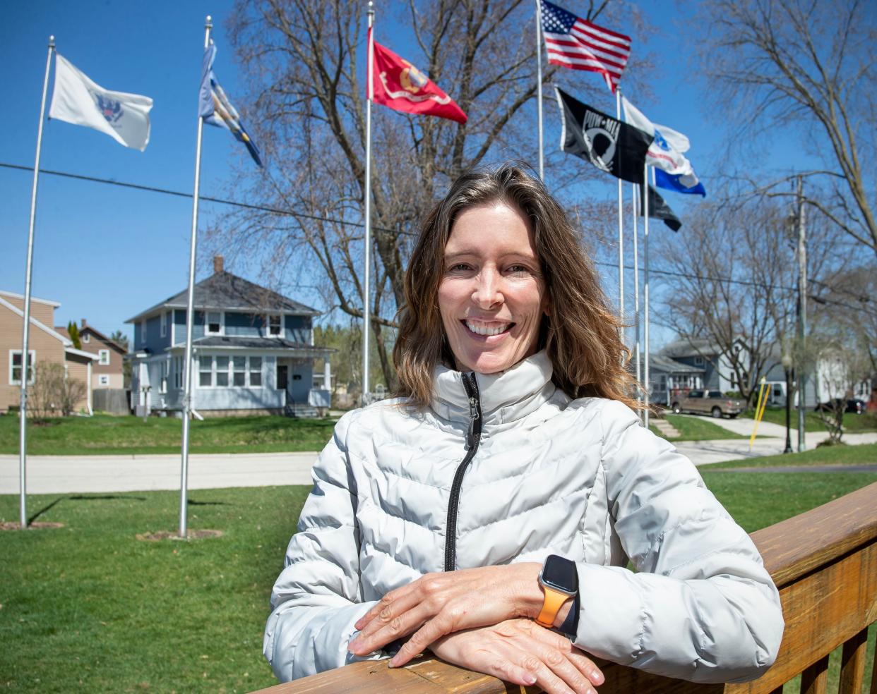 U.S. Air Force Colonel (ret.) Ingrid Kaat, stands at the Sheboygan Falls American Legion Post 149, Tuesday, April 18, 2023, in Sheboygan Falls, Wis. Kaat, a Sheboygan Falls native, retired from the military after 25 years of service and now lives in Hawaii