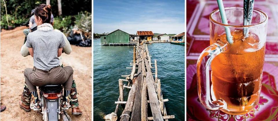 From left: Going on an anti-poaching patrol at Shinta Mani Wild; a floating fishing village near Krabey Island; a glass of Khmer-style iced tea. | Christopher Wise