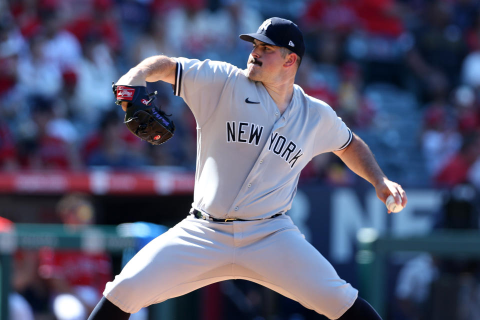 洋基左投Carlos Rodón在投不滿3局的情況下失掉5分退場。（MLB Photo by Rob Leiter/MLB Photos via Getty Images）