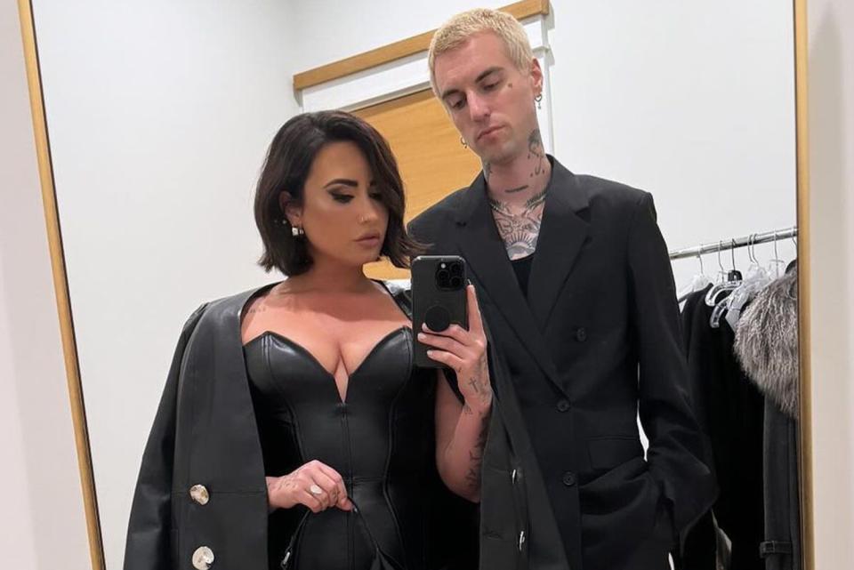 <p>Instagram/demilovato</p> Demi Lovato and fiancé Jutes pose for an Instagram mirror selfie