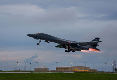 A U.S. Air Force B-1B Lancer assigned to the 37th Expeditionary Bomb Squadron, takes-off to fly a bilateral mission with Japanese and South Korea Air Force jets in the vicinity of the Sea of Japan, from Andersen Air Force Base, Guam, October 10, 2017. Staff Sgt. Joshua Smoot/U.S. Air Force/Handout via REUTERS