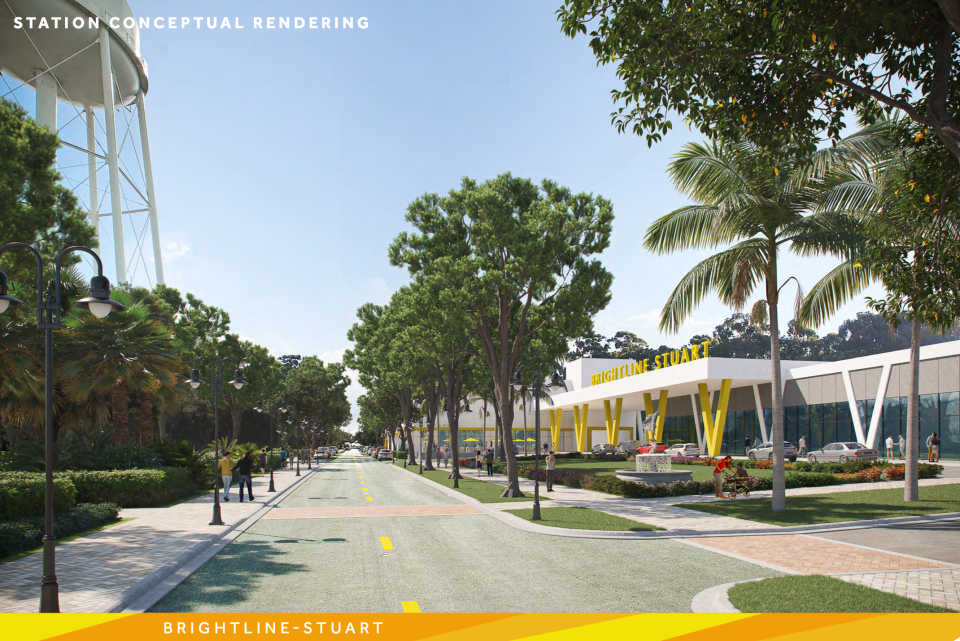 A conceptual rendering of the downtown Brightline-Stuart station on Southeast Flagler Avenue at Southeast Stypmann Boulevard.