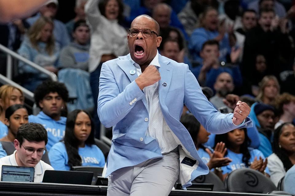 North Carolina coach Hubert Davis reacts to a foul call in the first half against Kentucky. The No. 15 Wildcats defeated the No. 9 Tar Heels, 87-83, on Saturday night in Atlanta.