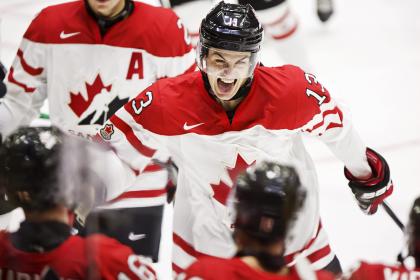 Canada&#39;s Matt Barzal celebrates the 3-1 goal during the 2016 IIHF World Junior Ice Hockey Championship match between Canada and Denmark in in Helsinki, Finland, December 28, 2015.   REUTERS/Roni Rekomaa/Lehtikuva     ATTENTION EDITORS - THIS IMAGE WAS PROVIDED BY A THIRD PARTY. FOR EDITORIAL USE ONLY. NOT FOR SALE FOR MARKETING OR ADVERTISING CAMPAIGNS. THIS PICTURE IS DISTRIBUTED EXACTLY AS RECEIVED BY REUTERS, AS A SERVICE TO CLIENTS. NO THIRD PARTY SALES. NOT FOR USE BY REUTERS THIRD PARTY DISTRIBUTORS. FINLAND OUT. NO COMMERCIAL OR EDITORIAL SALES IN FINLAND.