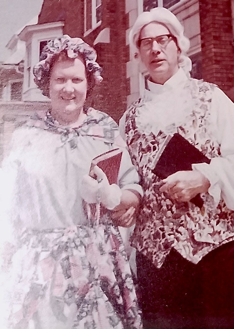 Rev. Louis Emerick and his wife Eleanor were hardly seen apart. They traveled the world and studied various religious faiths to broaden their knowledge of different cultures. In this picture. they don colonial-style costumes Eleanor made during the nation's celebration of it's bicentennial in 1976.