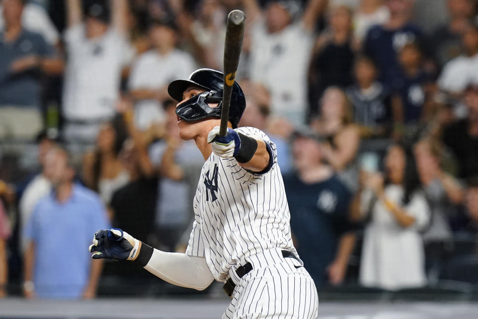 New York Yankees' Aaron Judge watches his game-ending home run during the ninth inning of the team's baseball game against the Kansas City Royals on Thursday, July 28, 2022, in New York. The Yankees won 1-0. (AP Photo/Frank Franklin II)