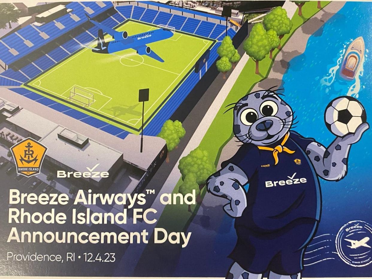 A poster from the press conference announcing Breeze Airways as the front-of-jersey sponsor of Rhode Island FC, the state's new pro soccer club, shows its harbor seal mascot, Chip, wearing its jersey.