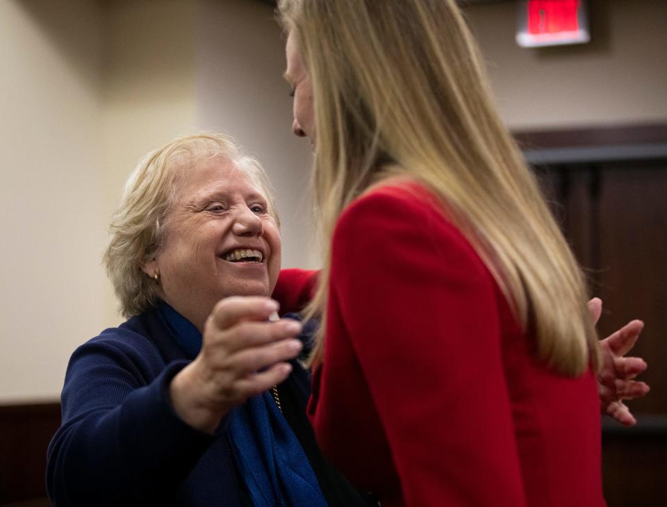 Ruth Markel hugs Assistant State Attorney Georgia Cappleman after the jury finds Katherine Magbanua guilty on all counts on Friday, May 27, 2022 in her retrial for the 2014 murder of Dan Markel in Tallahassee, Fla. 