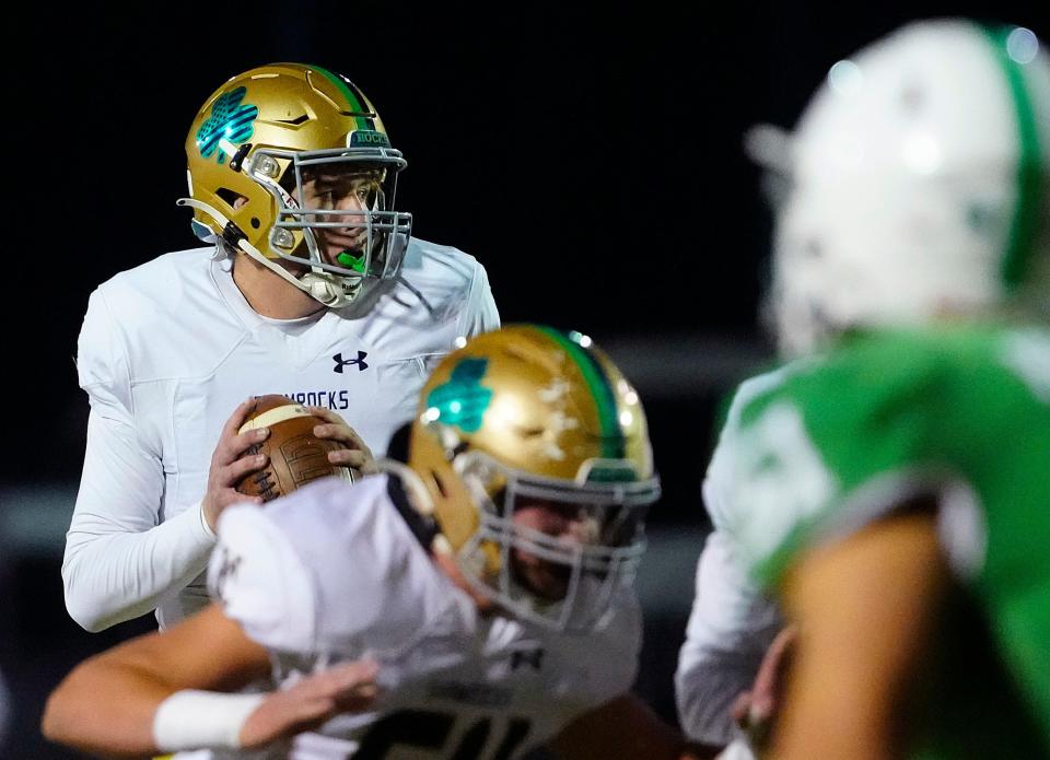 November 11, 2022; Phoenix, Ariz; USA; Yuma Catholic quarterback Richard Stallworth (4) throws a pass against St. Marys during a game at Hoy Stadium. Mandatory Credit: Patrick Breen-Arizona Republic