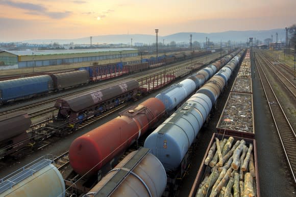 Freight trains and railways at sunset.