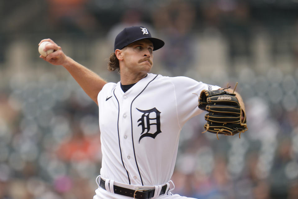 Detroit Tigers pitcher Sawyer Gipson-Long throws against the Chicago White Sox in the third inning of a baseball game, Sunday, Sept. 10, 2023, in Detroit. (AP Photo/Paul Sancya)