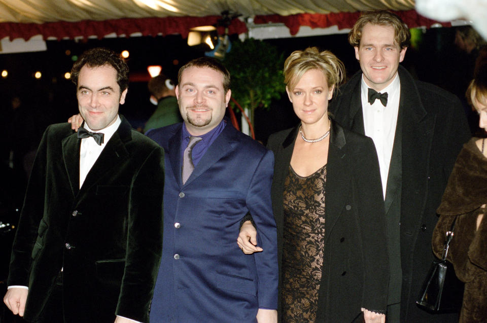 British Comedy Awards. Pictured, some of the cast of Cold Feet which won the award for Best TV comedy-drama. Pictured left to right, James Nesbitt, John Thomson, Hermione Norris and Robert Bathurst, 18th December 1999. (Photo by Fisher/Mirrorpix/Getty Images)